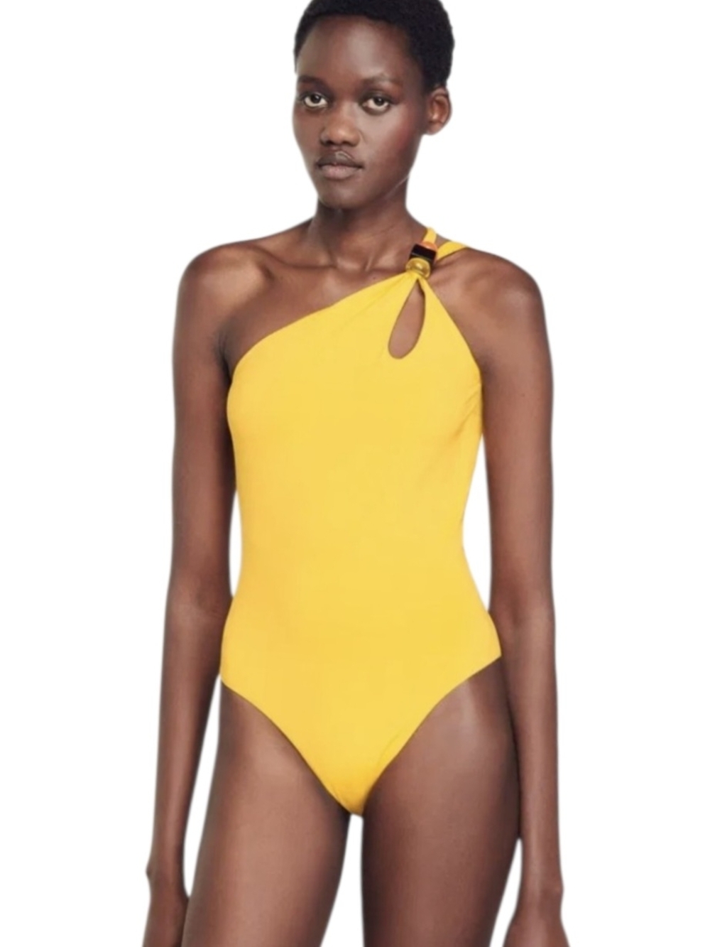 NWT Sandro Asymmetrical One-Piece Swimsuit Yellow Resin Bead Detail, FR4 (US10)